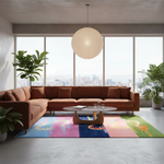 A modern living room with a large sectional sofa in rust brown, a colorful geometric area rug, a round coffee table, and large windows overlooking a city skyline.
