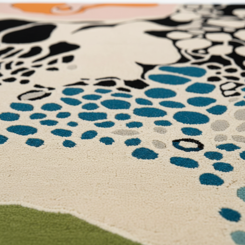 Close-up of a patterned textile or rug with an abstract design featuring blue dotted clusters, black organic shapes, a cream base, and a small olive green area at the bottom.