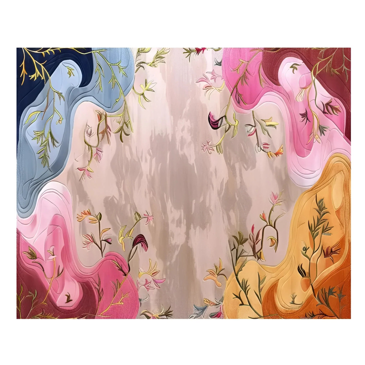 An abstract floral art print featuring wavy, flowing shapes in pink, blue, orange, and burgundy surrounding delicate botanical vines and small flowers on a pale beige background.