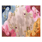 An abstract floral art print featuring wavy, flowing shapes in pink, blue, orange, and burgundy surrounding delicate botanical vines and small flowers on a pale beige background.