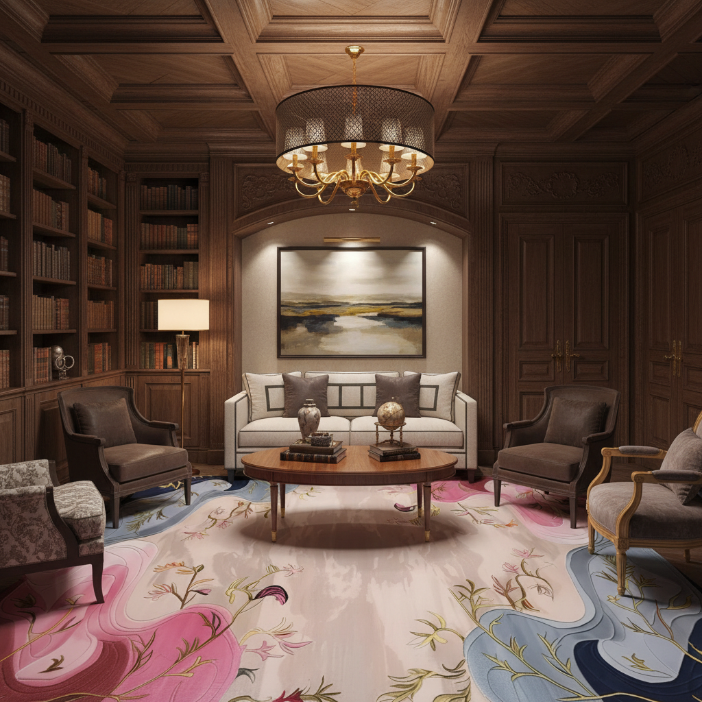A luxurious, symmetrical study and lounge room featuring dark wood paneling, bookshelves, a central chandelier, a white sofa, and a large floral-patterned rug in pink, blue, and cream tones.