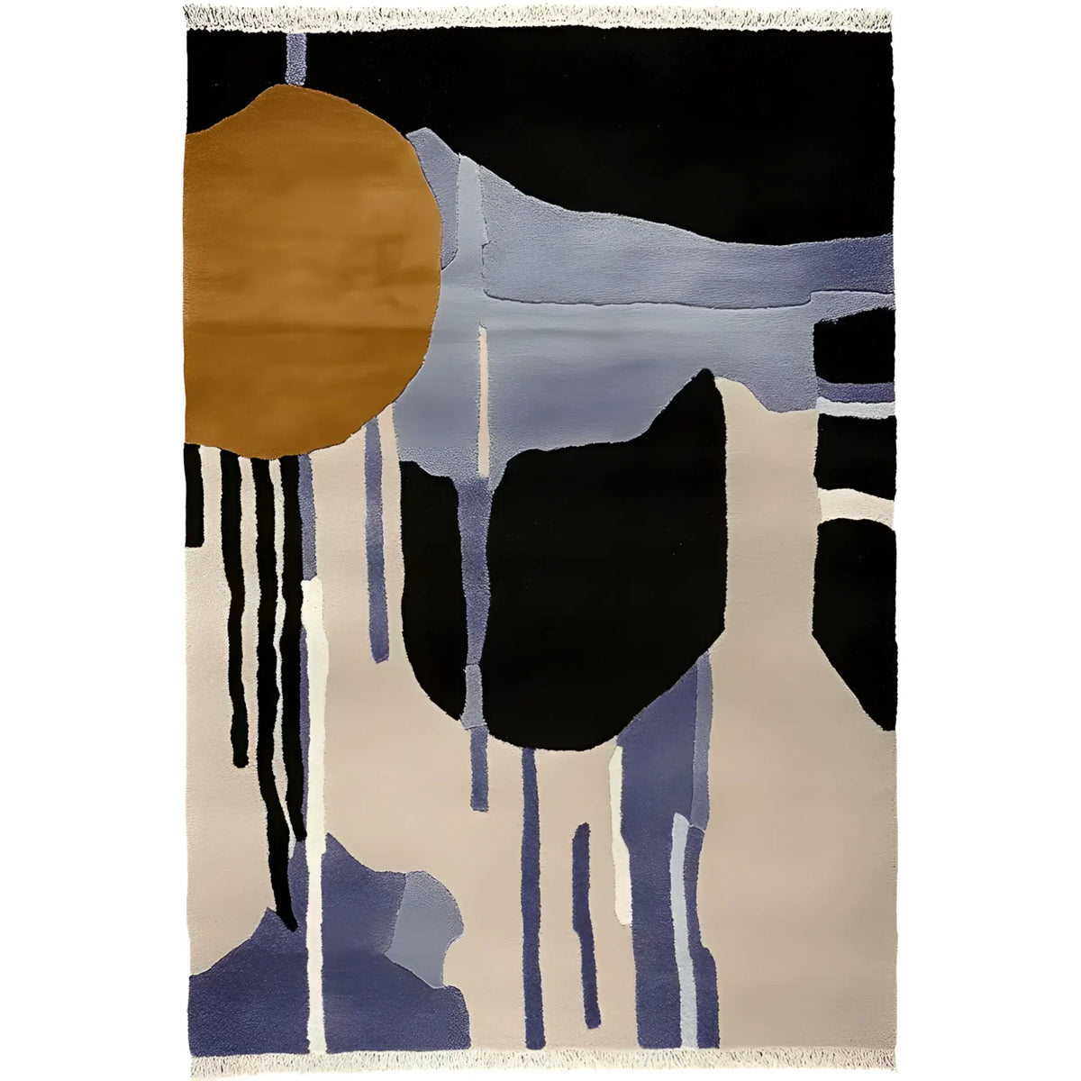 Abstract rug with geometric shapes in brown, black, blue, and beige on a white background