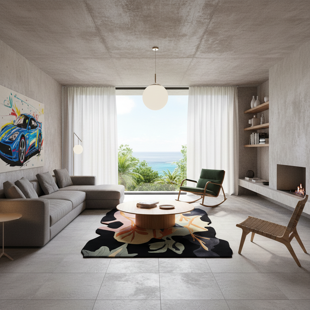 A modern living room with a gray sectional sofa, round wooden coffee table, black patterned area rug, and a large window overlooking the ocean. The room has textured concrete ceilings and walls, white curtains, and built-in shelving and fireplace.