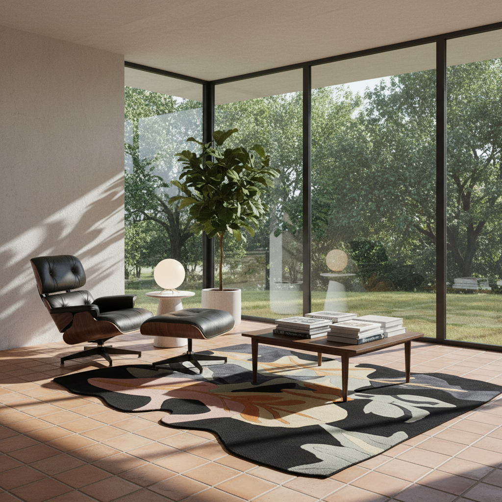 A modern living room interior with a black leather lounge chair and matching ottoman on a patterned rug, beside a wooden coffee table and large floor-to-ceiling windows overlooking a green outdoor lawn.