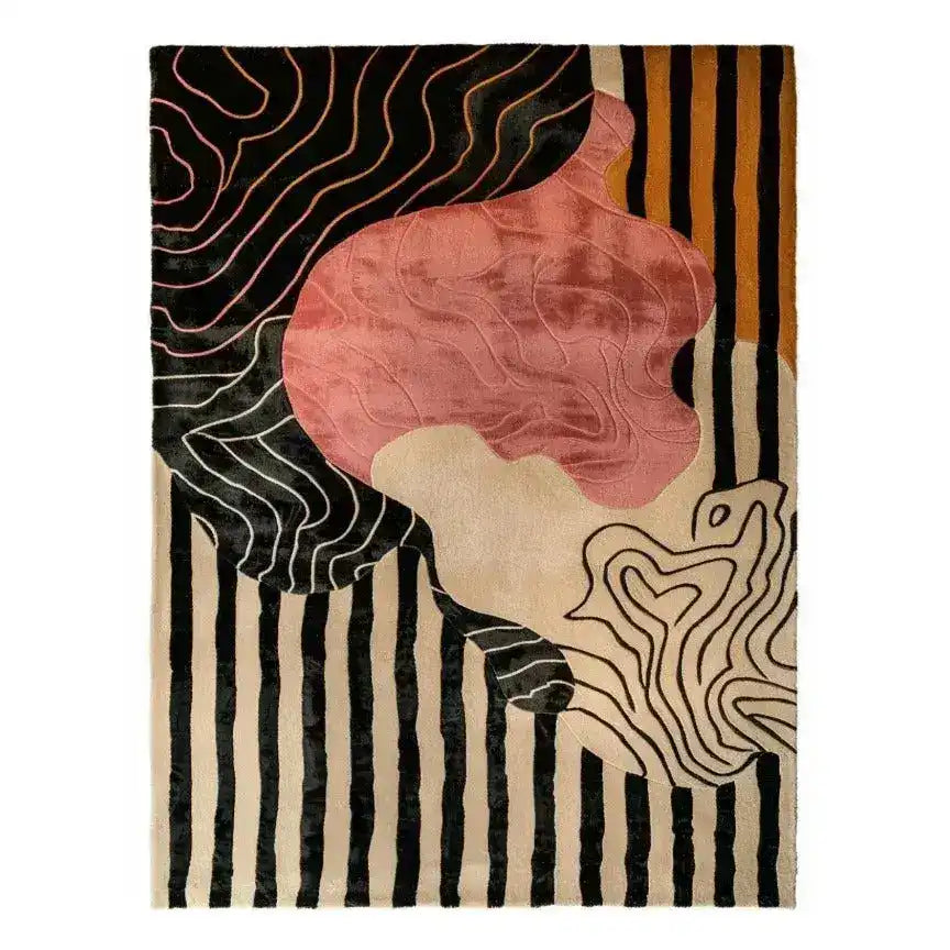 Dusky Petals rug swatch, a salmon pink petal-like shape over black contour lines and mustard vertical stripes