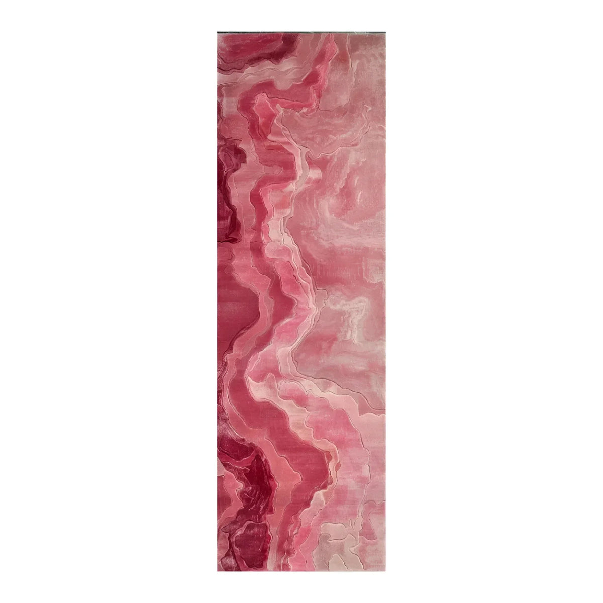 Earthen Elegance wool runner rug swatch, narrow marbled swirl pattern in shades of pink and rose