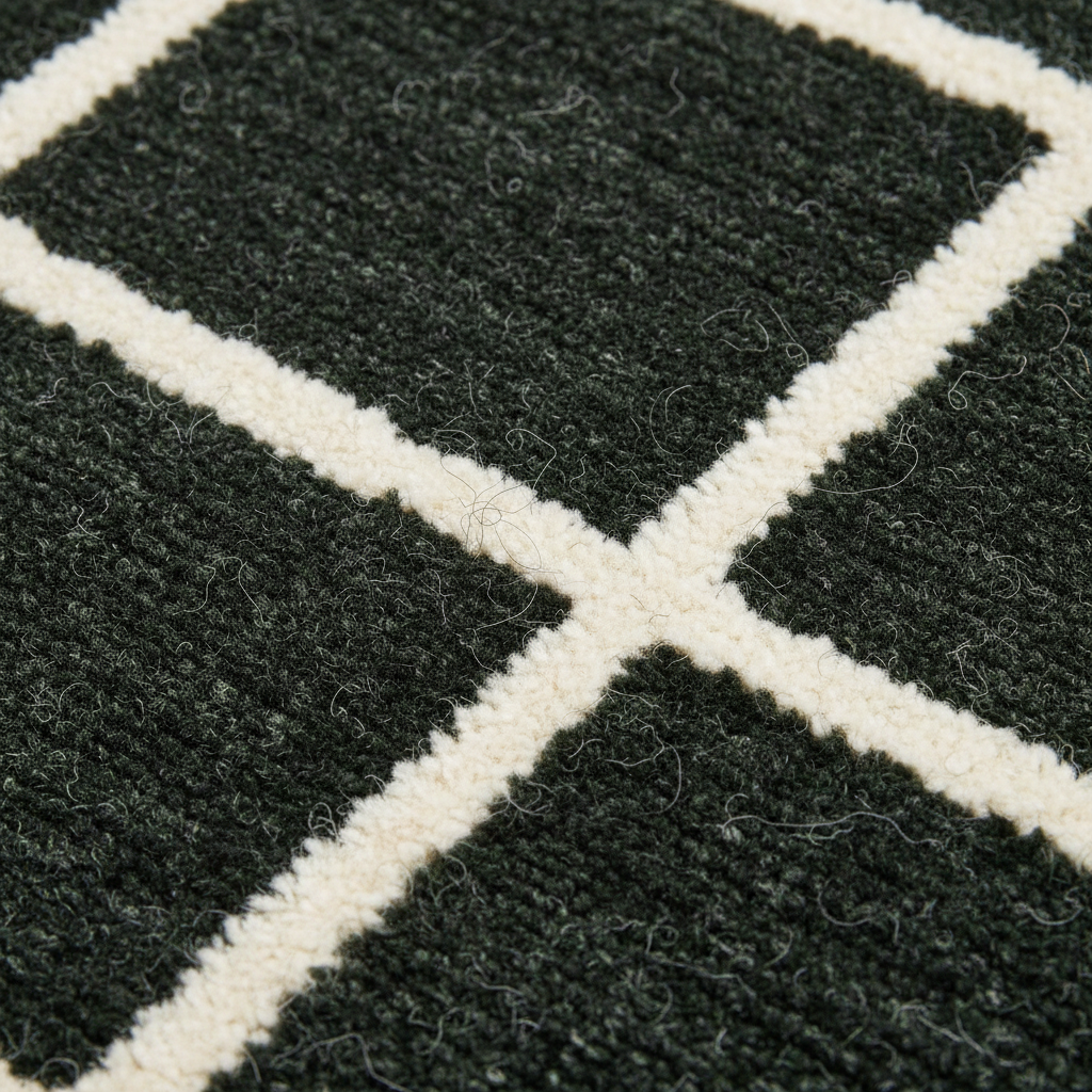Close-up of a textured rug with a dark green and cream geometric grid pattern.