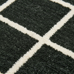 Close-up of a textured rug with a dark green and cream geometric grid pattern.
