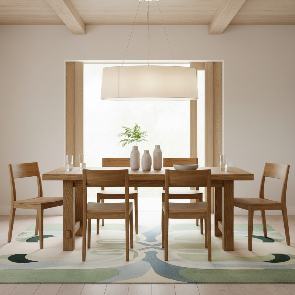 A minimalist dining room scene featuring a light oak wood dining table and six matching wooden chairs, styled with neutral ceramic vases and a green plant, set on a patterned abstract area rug.