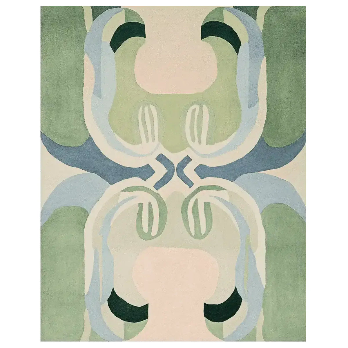 Echoes of Balance rug swatch with a mirrored sage green and blue abstract pattern