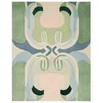 Echoes of Balance rug swatch with a mirrored sage green and blue abstract pattern
