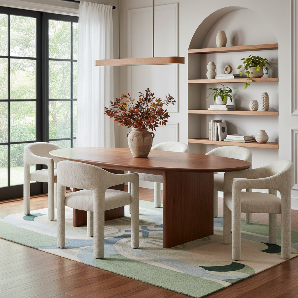 A modern dining room scene featuring a round wooden dining table with four upholstered cream chairs, styled on a patterned rug with a vase of foliage in the center. The background shows a white wall with built-in shelves, a window with black frames, and a hanging light fixture.