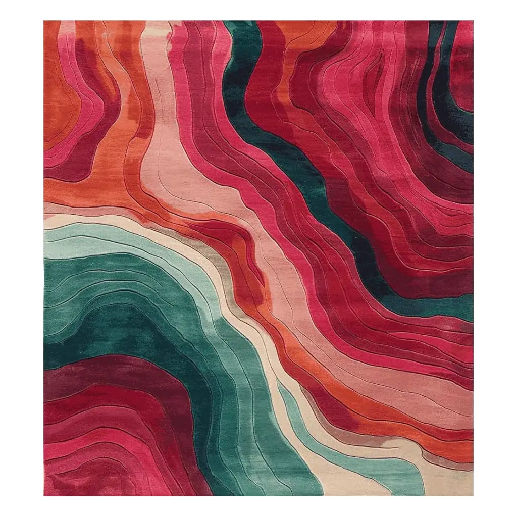 Echoes of Color hand tufted rug with swirling magenta, teal and cream wave patterns