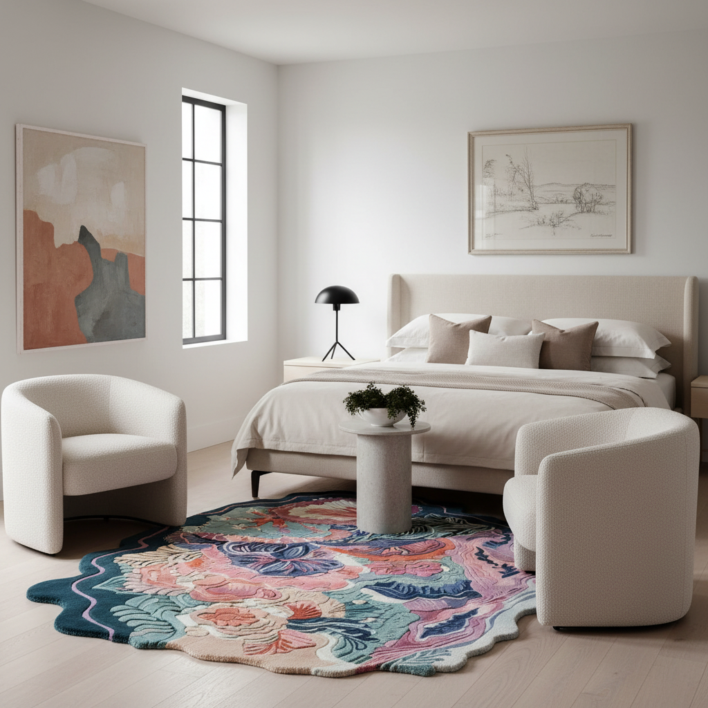 A styled bedroom interior with a large multicolored patterned area rug on the floor, two cream upholstered armchairs, a bed with neutral bedding, a small round side table, and framed wall art against white walls.