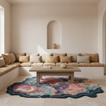 A styled interior scene showing a built-in beige sofa with tan and cream cushions, a light wood coffee table, and a large scalloped area rug with a multicolor floral and abstract pattern in pink, teal, blue, and gold tones. The room has warm cream walls with a recessed niche and soft natural light.