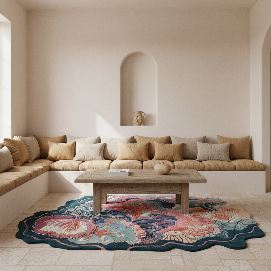 A styled interior scene showing a built-in beige sofa with tan and cream cushions, a light wood coffee table, and a large scalloped area rug with a multicolor floral and abstract pattern in pink, teal, blue, and gold tones. The room has warm cream walls with a recessed niche and soft natural light.
