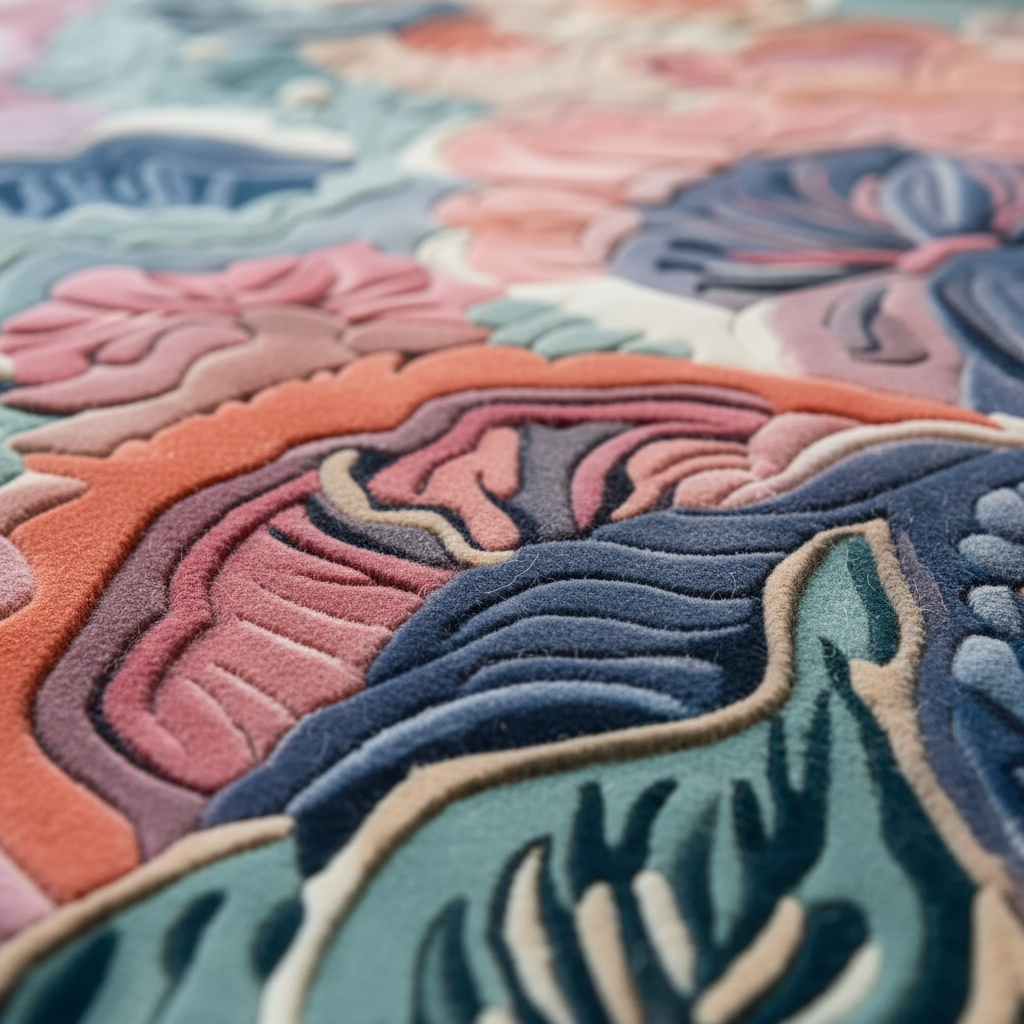 Close-up of a colorful, raised-texture rug with an abstract floral and leaf pattern in shades of navy, teal, pink, coral, and cream.