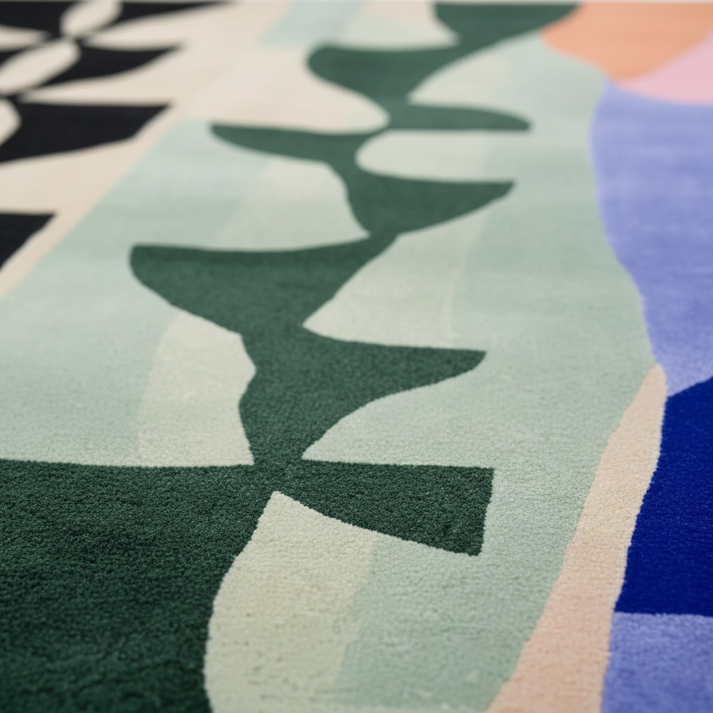 Close-up of a textured area rug with an abstract, organic pattern in shades of sage green, cream, blue, pink, and dark green.