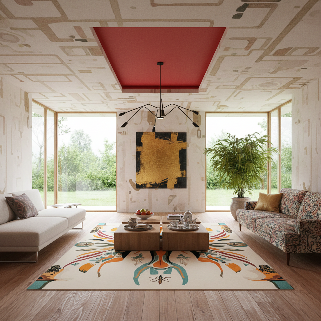 A large modern area rug with a cream base and colorful abstract bird and floral motifs in teal, orange, and gold, styled in a contemporary living room with sofas, a coffee table, and large windows.