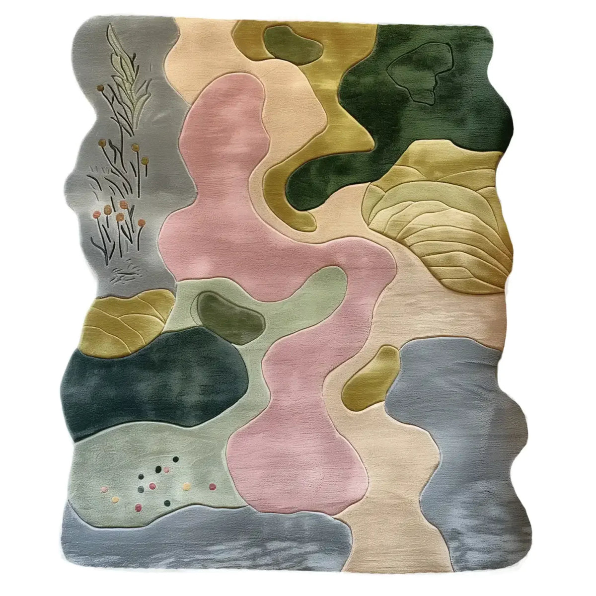 Elysian Fields Hand Tufted Wool Rug flat lay with curved color block shapes and embroidered wildflowers