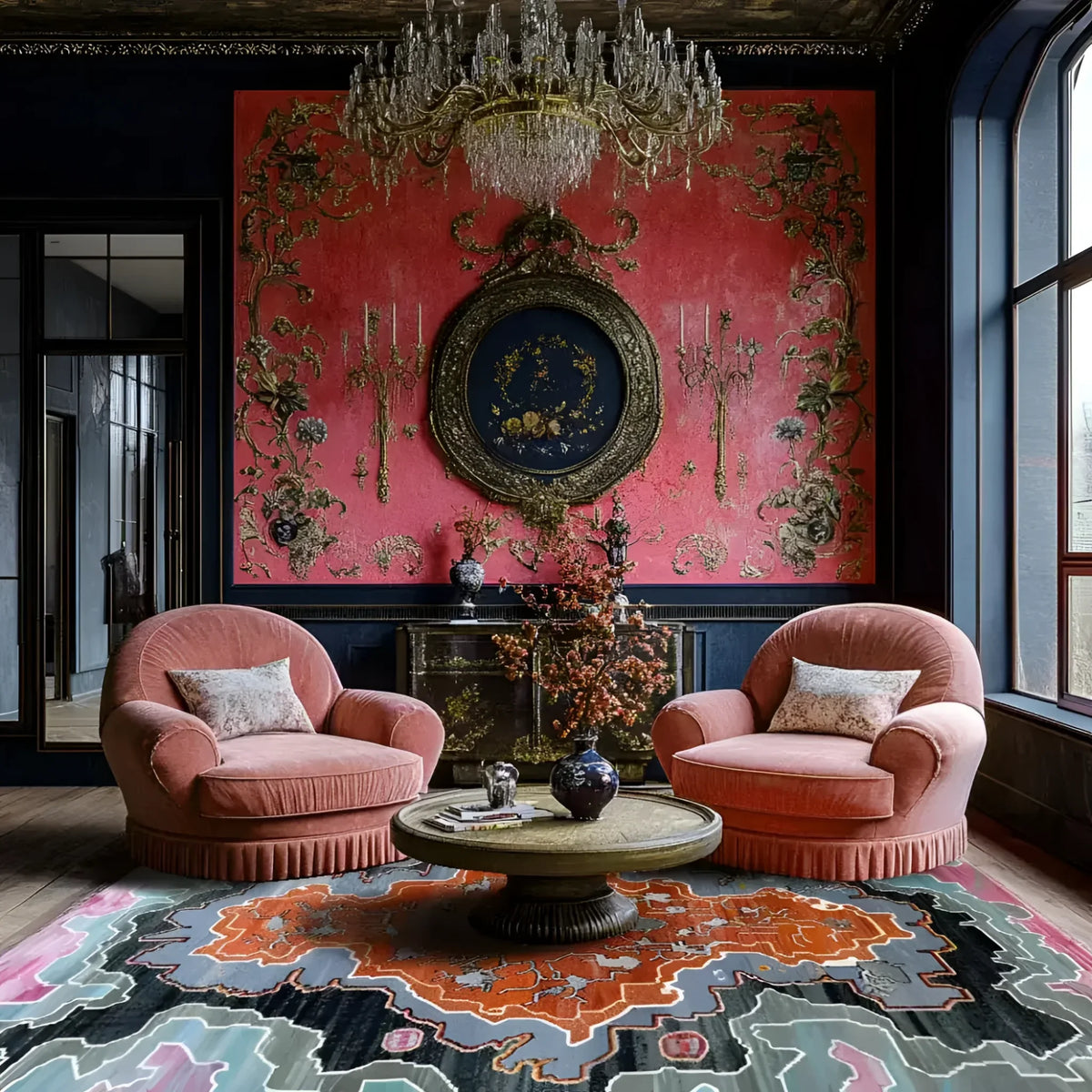 Luxurious living room with pink armchairs, a decorative rug, and ornate wall art.