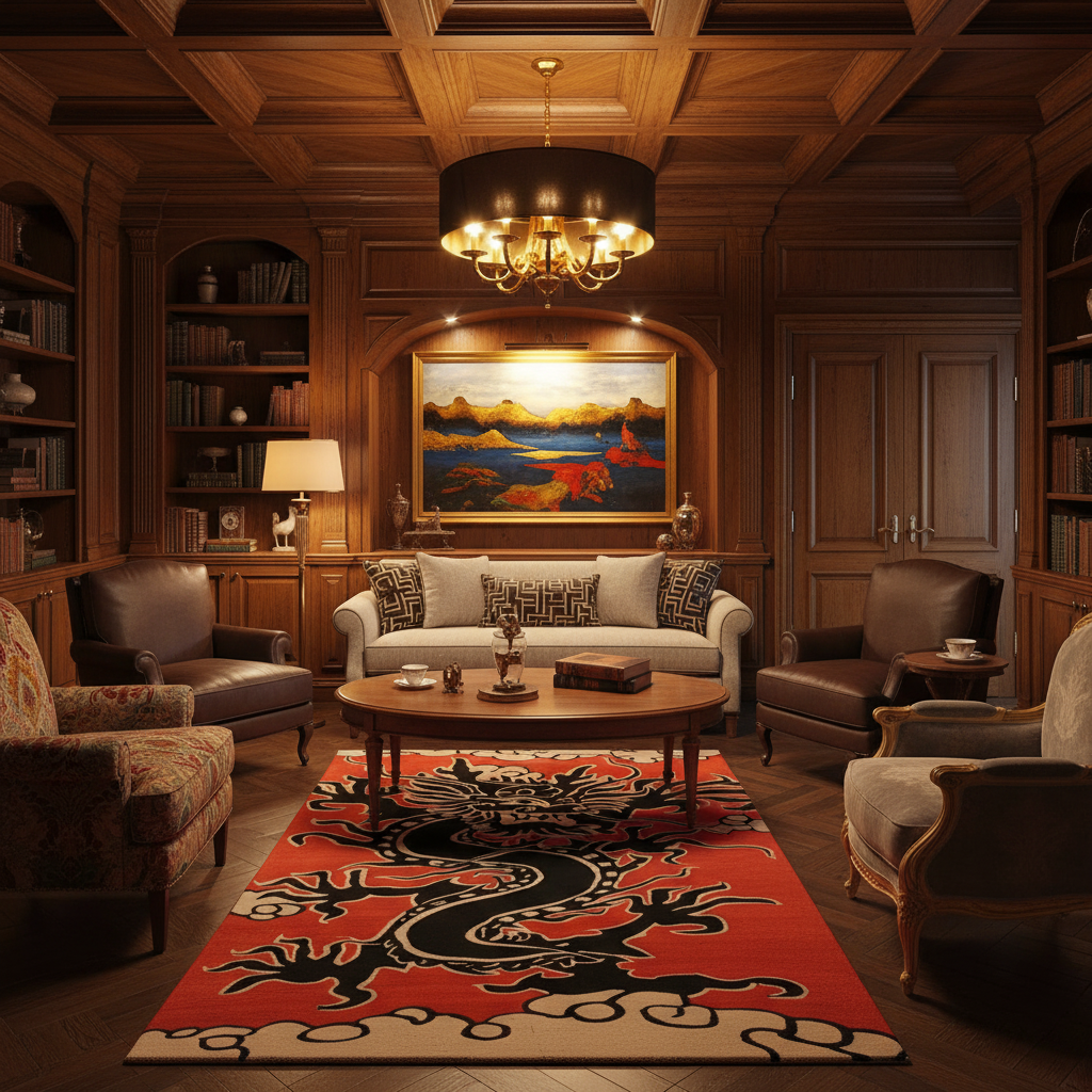 A luxurious, symmetrical study or library featuring dark wood paneling, a large red and black dragon-patterned area rug, a central round wooden coffee table, a white sofa, and a vibrant landscape painting on the wall.