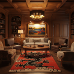A luxurious, symmetrical study or library featuring dark wood paneling, a large red and black dragon-patterned area rug, a central round wooden coffee table, a white sofa, and a vibrant landscape painting on the wall.