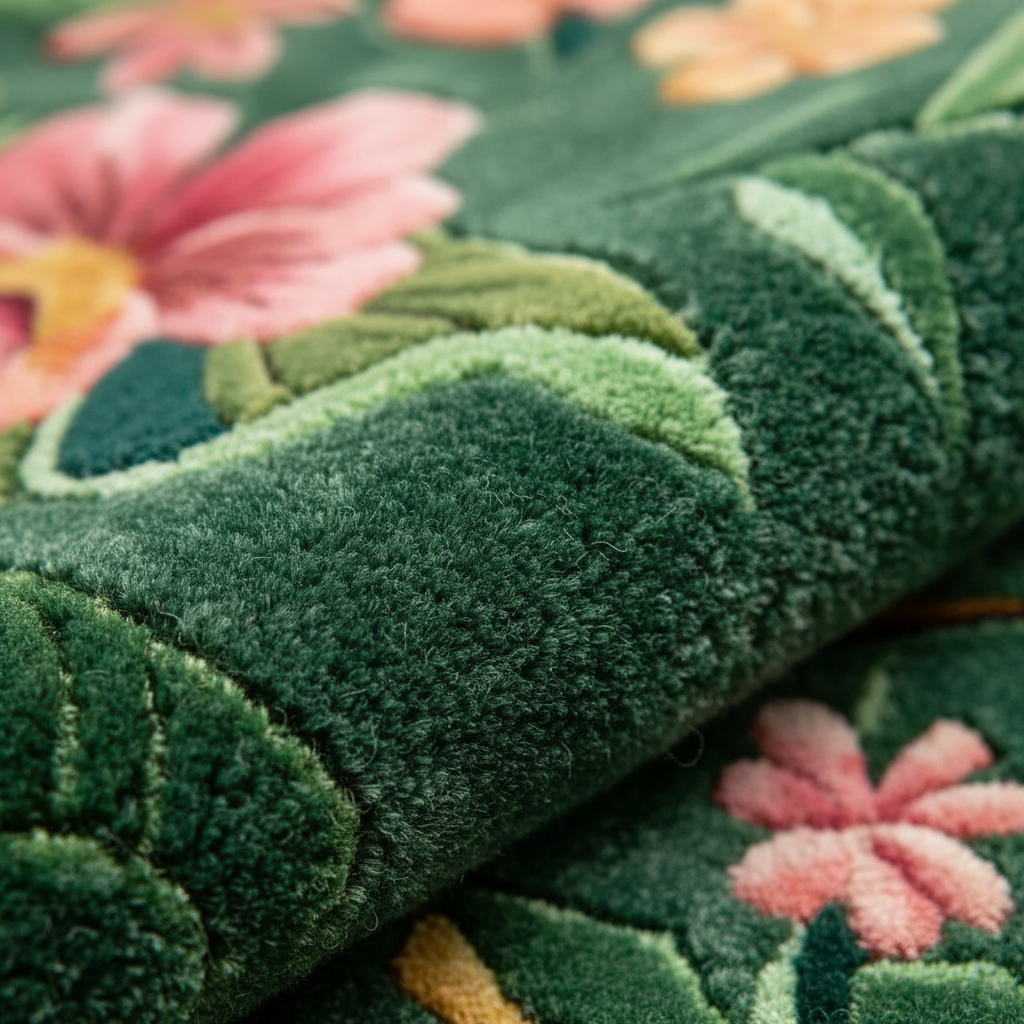 A close-up of a plush, high-pile area rug with a dark green tropical floral pattern, featuring large pink flowers and green leaves.