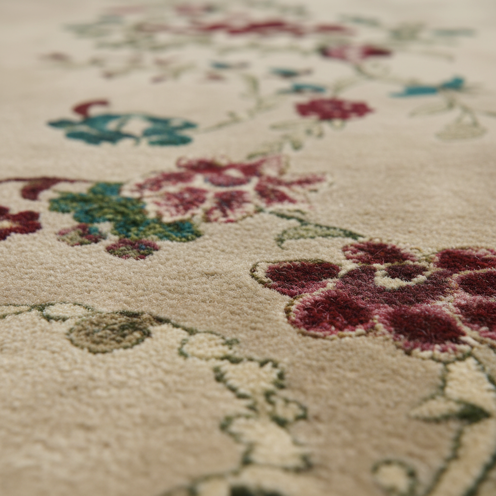 Close-up of a plush area rug with a floral pattern in burgundy, teal, and olive green on a warm cream background.