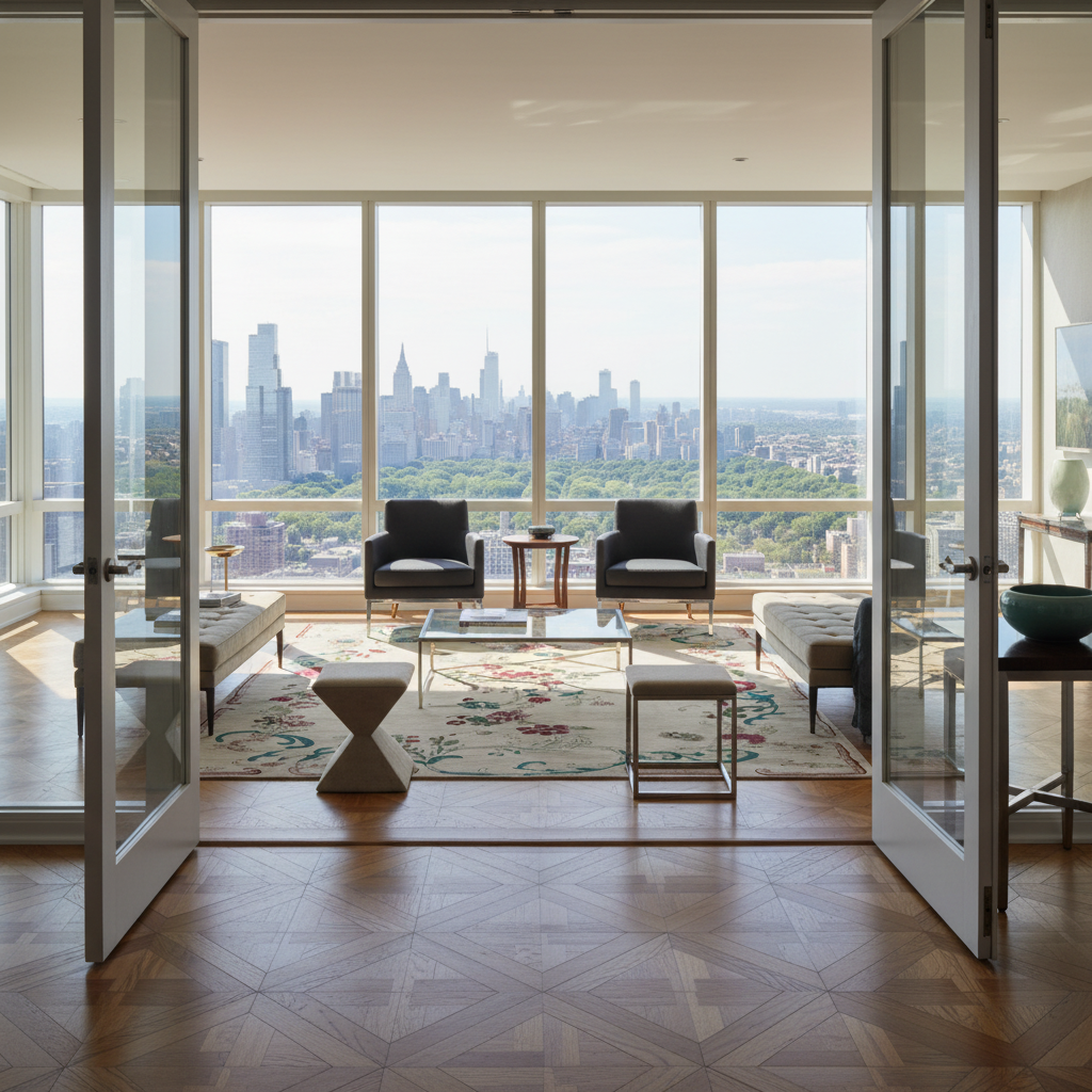 A luxury modern living room with floor-to-ceiling windows overlooking a city skyline, furnished with two black armchairs, glass tables, a floral area rug, and a geometric side table, viewed from inside through open glass doors.