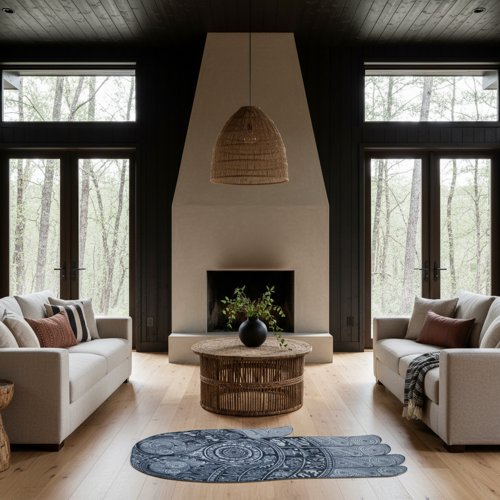 A modern living room with a large central fireplace, dark wood trim, and tall windows looking out onto a wooded forest. Two cream-colored sofas face each other across a round woven coffee table, with a blue patterned rug on the floor in front.