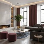 A modern living room interior with a gray sectional sofa, burgundy curtains, a marble fireplace, two round burgundy ottomans, a coffee table, and a potted plant.