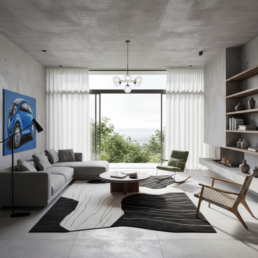A modern, minimalist living room with a concrete ceiling and walls, featuring a gray sectional sofa, a blue car art print, a black and white abstract rug, and a large window overlooking a green outdoor landscape.