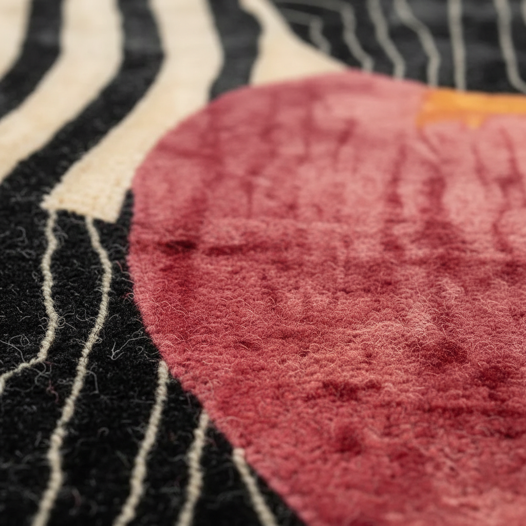 Close-up of a textured rug featuring a large dusty rose pink circular motif over a black background with cream-colored wavy stripes.