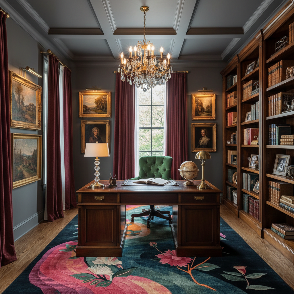Grand office with a wooden desk, floral hand made rug, bookshelves, and decorative elements.