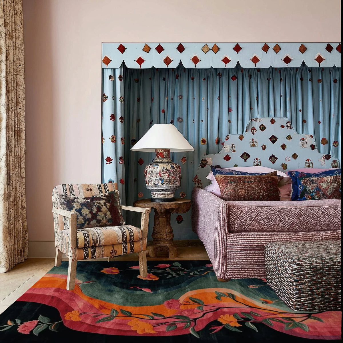Decorative room with a patterned rug, chair, and sofa against a wall with decorative trim.
