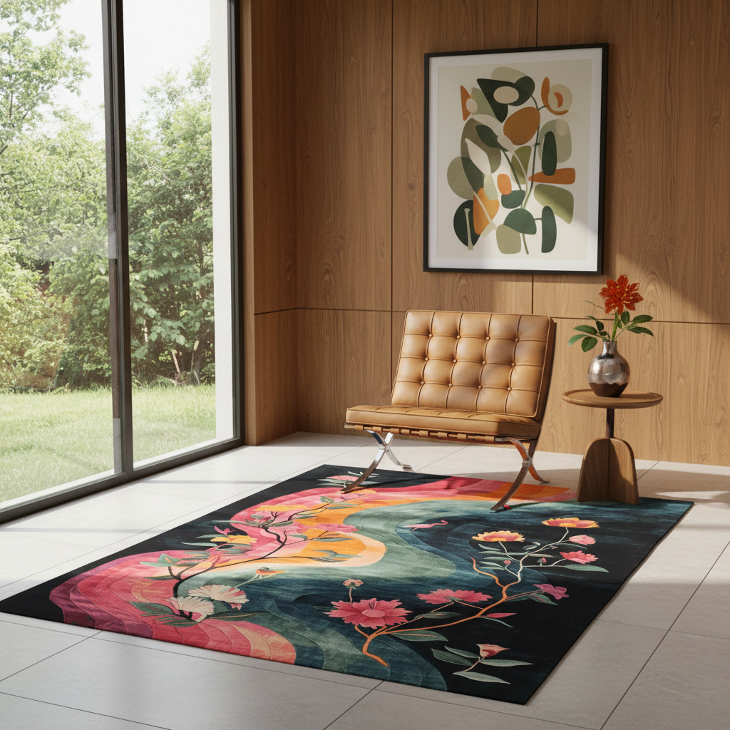 A rectangular area rug with a colorful floral and abstract design in pink, teal, orange, and black, styled in a modern room with a tan leather chair, wood-paneled walls, and a large window.