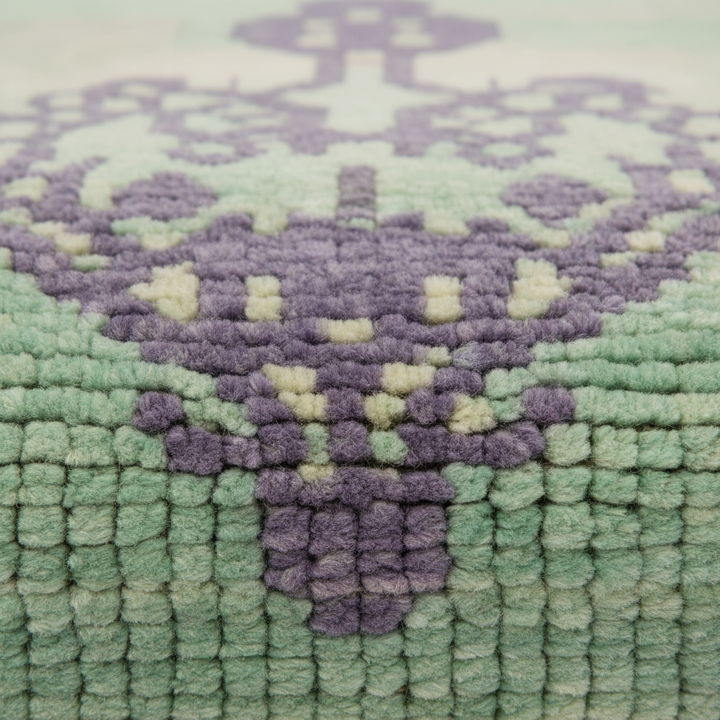 Close-up of a textured woven rug with a geometric medallion pattern in sage green and lavender purple.