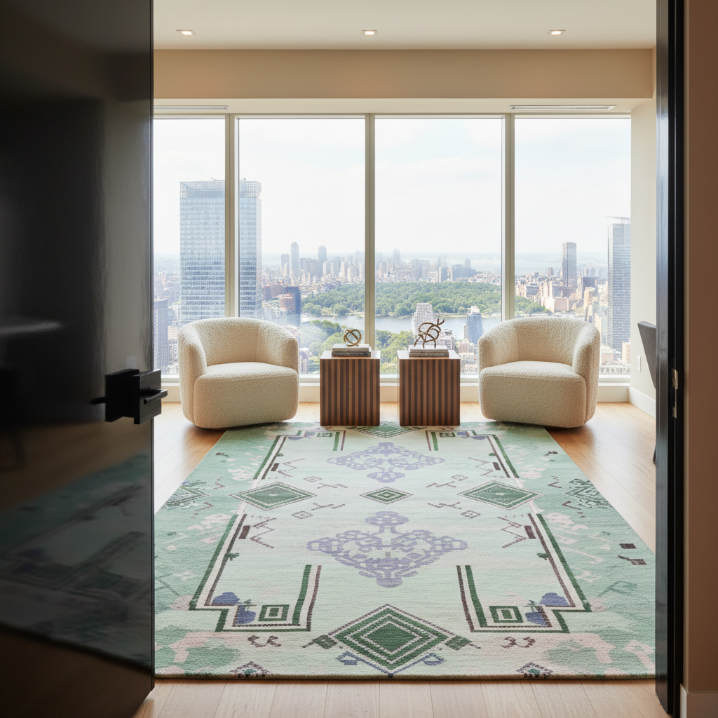 A large rectangular area rug with a light green and lavender geometric pattern is styled in a modern living room with two cream armchairs and a city skyline view through large windows.