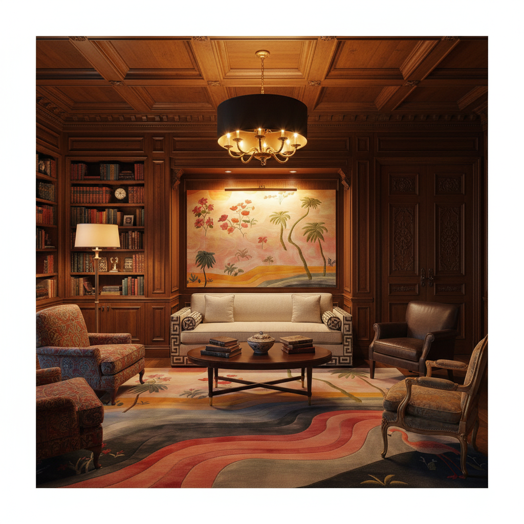 A luxury living room with dark wood paneling, a large wall painting, a black drum chandelier, bookshelves, and multiple upholstered armchairs around a coffee table.