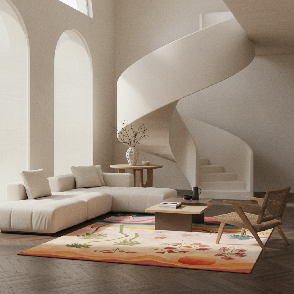 A modern living room with a cream sectional sofa, a wooden accent chair, a low coffee table, and a colorful floral area rug. A sweeping spiral staircase rises in the background against warm beige walls.
