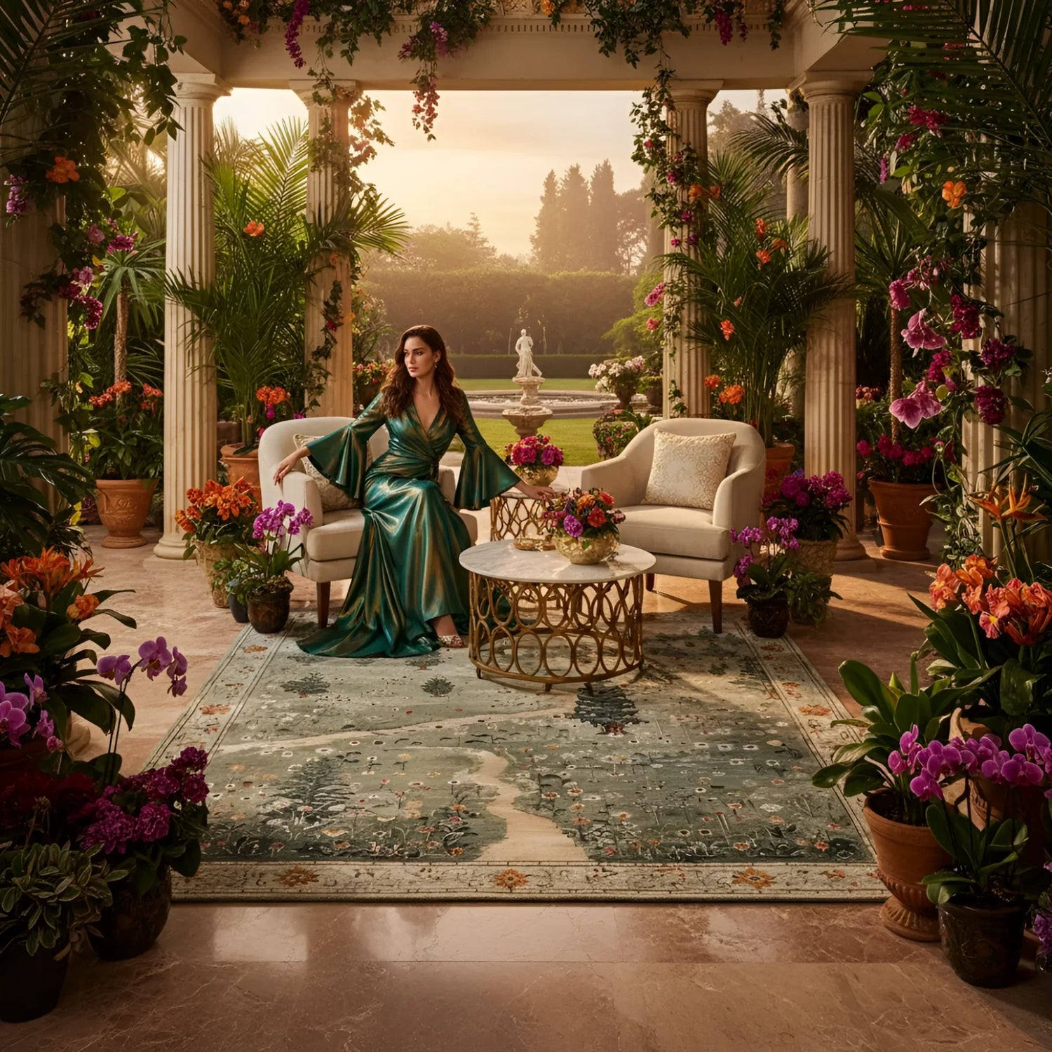 Woman in a green dress sitting in a luxurious room with floral rug and a fountain.