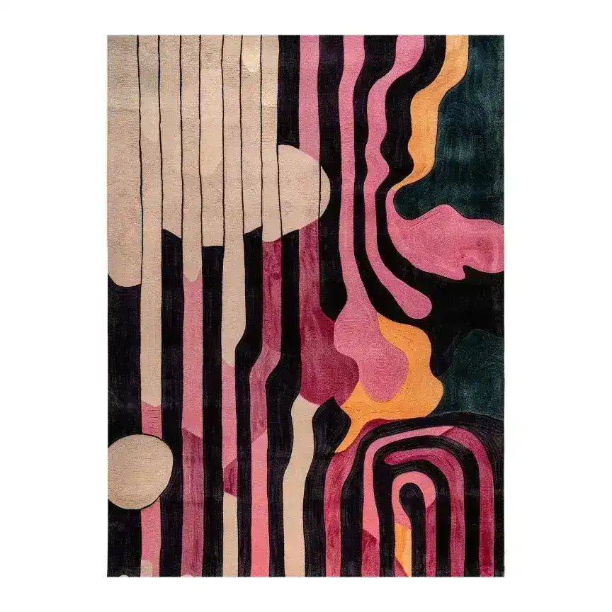 Evolving Shapes rug runner with abstract pink, teal and black swirling shapes