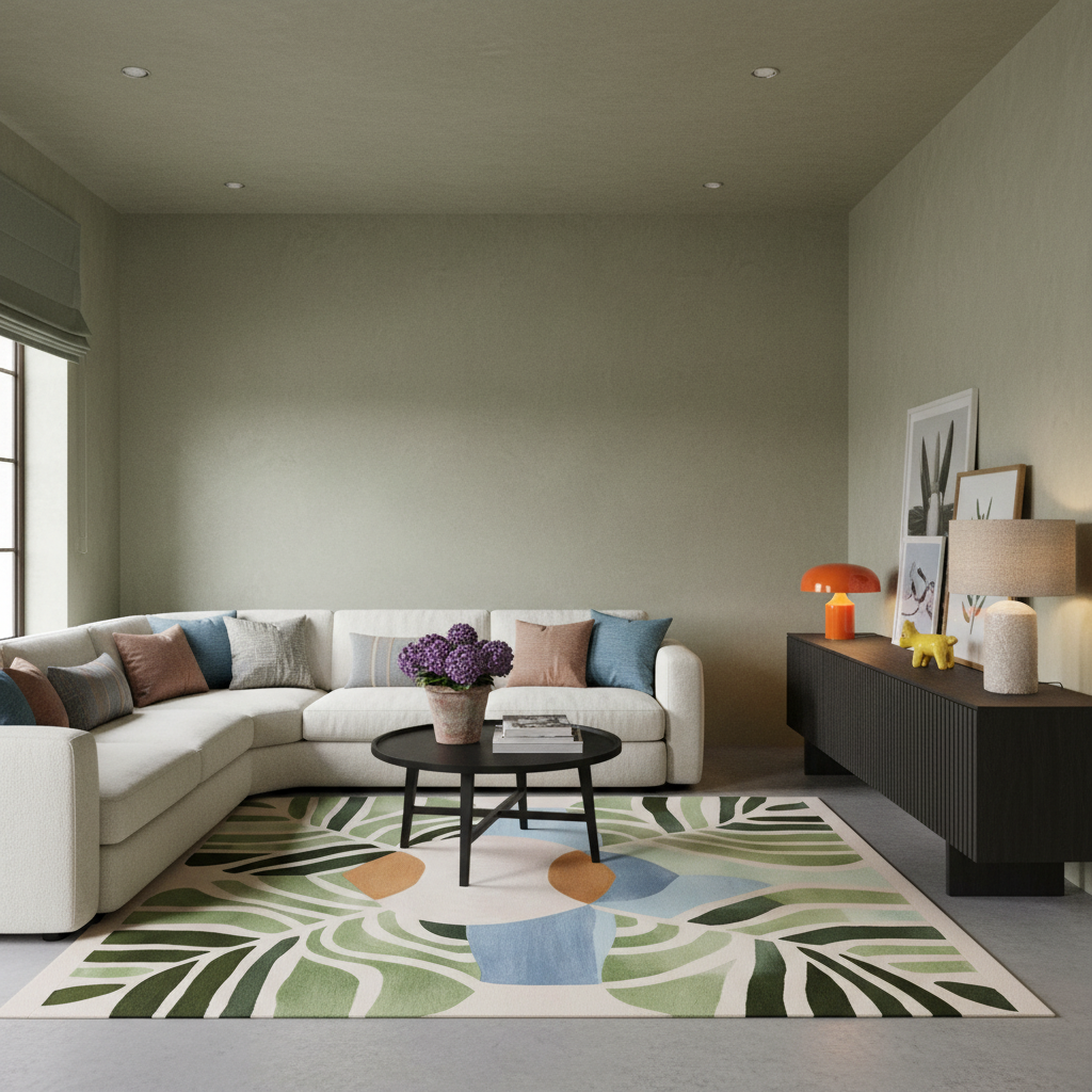 A modern living room featuring a large abstract-patterned area rug in green, blue, beige, and orange tones. The room includes a white sectional sofa with blue and pink accent pillows, a black round coffee table with a purple flower arrangement, and a dark wood sideboard with decorative lamps and framed art.