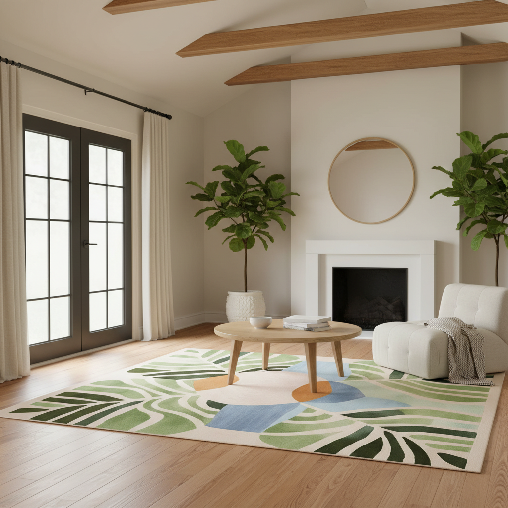Exotic Leaf Mirage rug with a green leaf pattern in a living room with a fireplace and potted plants