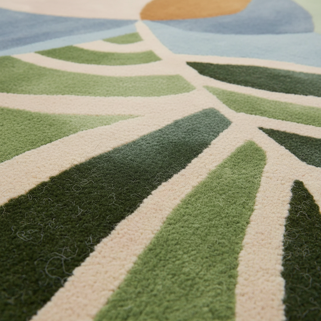 Close-up of a textured area rug with a modern botanical design featuring layered leaf shapes in shades of green, cream, light blue, and a small tan accent.