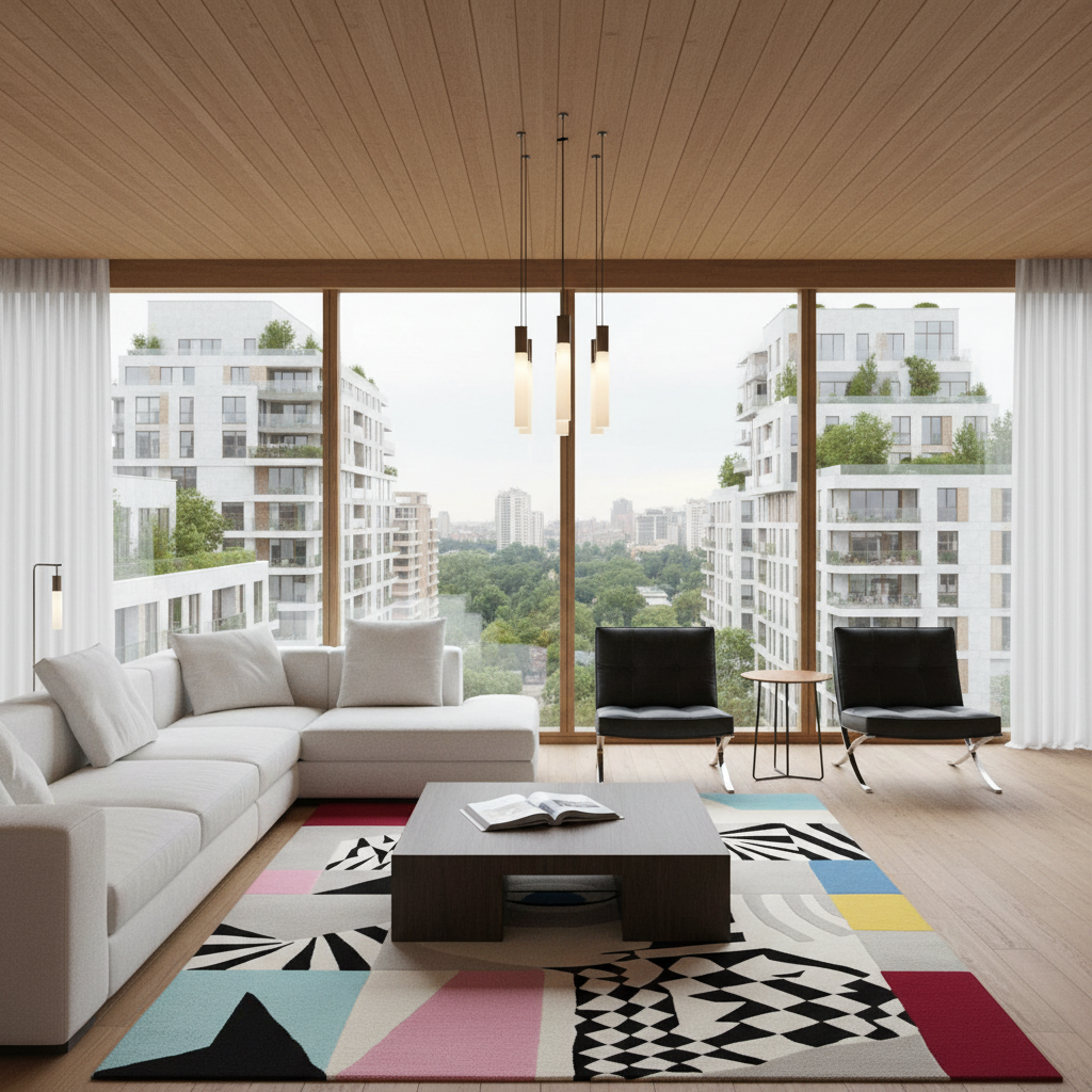 A modern living room with a large white sectional sofa, two black accent chairs, a geometric multicolor area rug, and a dark wood coffee table, set against a background of tall apartment buildings visible through floor-to-ceiling windows.