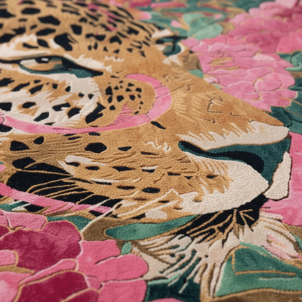 Close-up of a plush area rug featuring a leopard face surrounded by large pink flowers and green leaves.