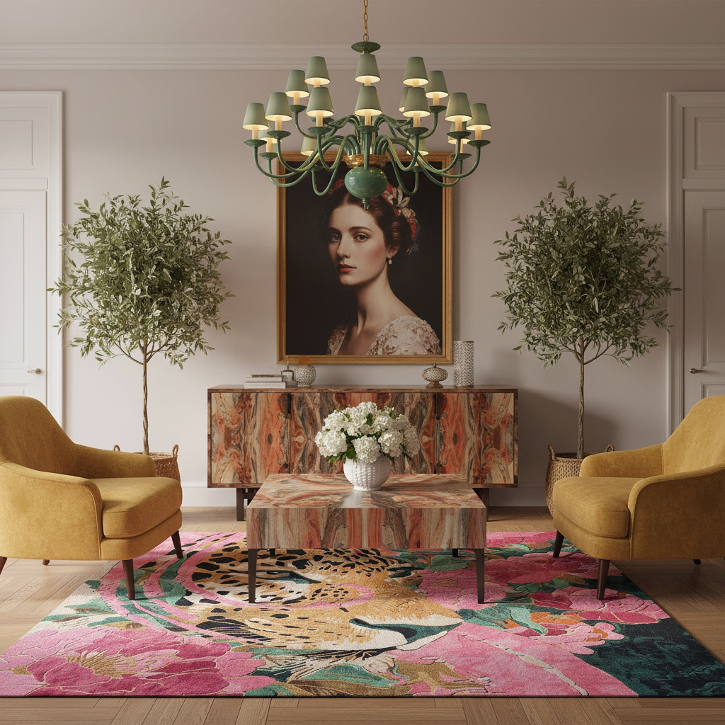 A styled living room interior featuring a large colorful area rug with a pink floral and leopard print, two mustard yellow armchairs, a marble-top coffee table, a marble credenza, and a green chandelier. A large framed portrait hangs on the wall behind the furniture.