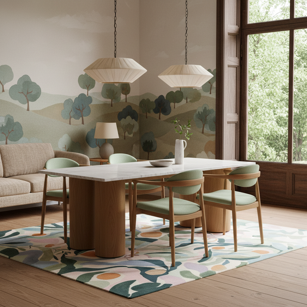 A styled dining room scene featuring a rectangular white dining table with a thick round wooden pedestal base, surrounded by six light green upholstered wooden chairs. The set is arranged on a colorful abstract patterned area rug in a bright room with a beige sofa, a tree-patterned wallpaper, and a large window looking out onto green trees.